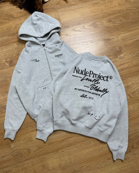 GLOBAL SOON ZIP-UP HOODIE GREY MELANGE